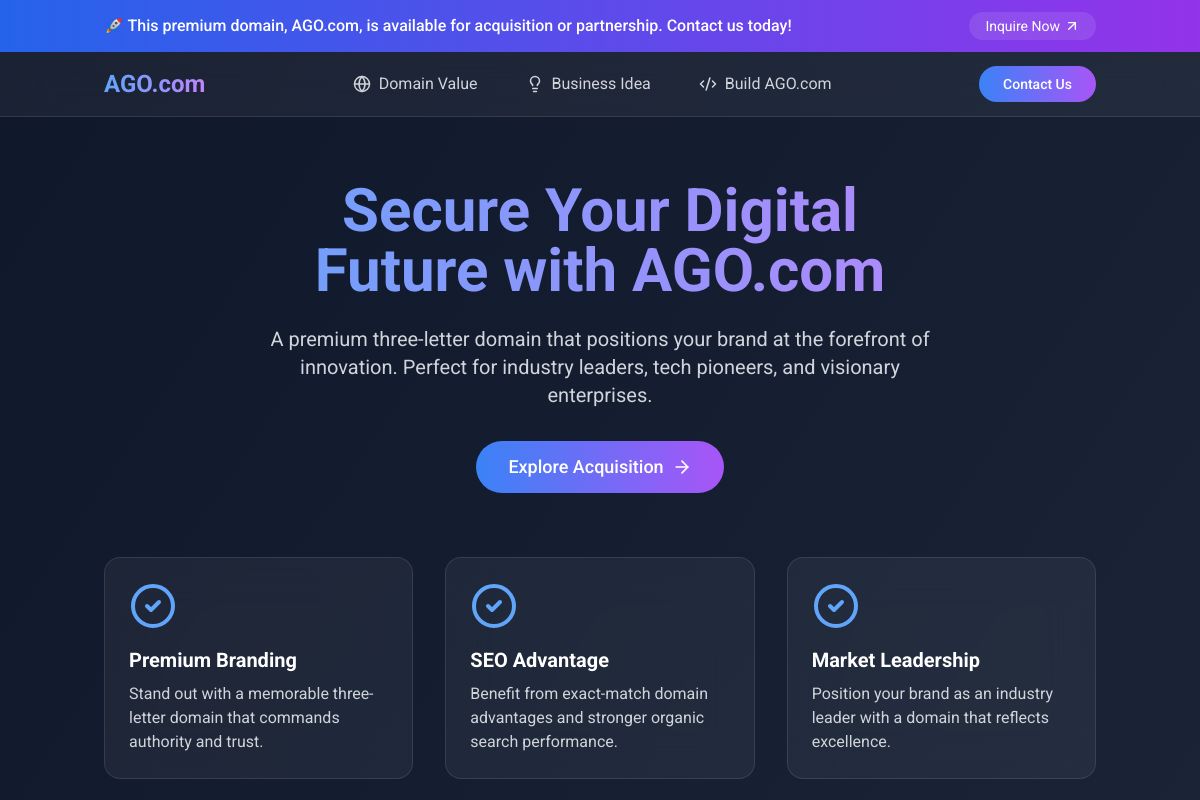 AGO.com premium domain starter site preview - built with The Trust Shortcut methodology